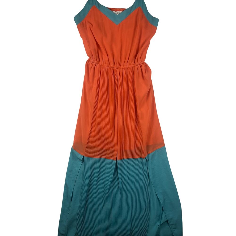 Umgee USA Women’s Orange Teal Colorblock Pleated Chiffon Maxi Dress Size S